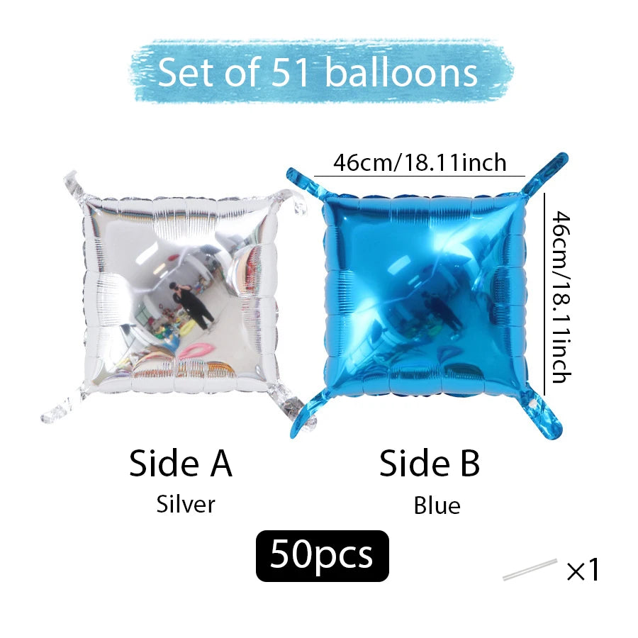 Set of 51 double-sided square foil balloons, Side A silver and Side B blue, measuring 46cm/18.1inch each.
