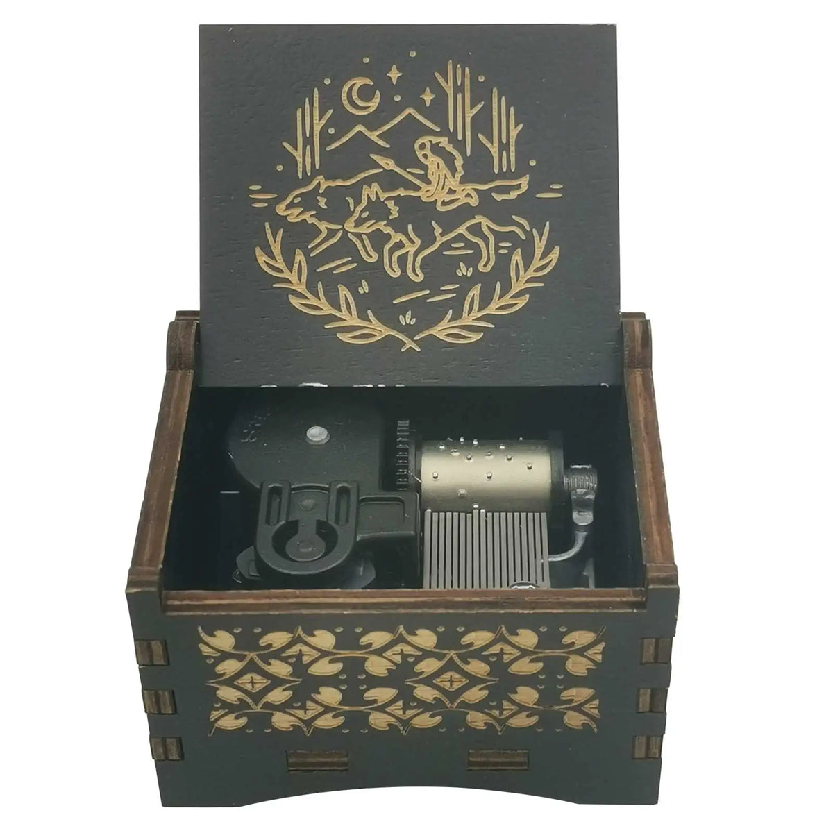 A dark wooden music box with a lid featuring an illustrated deer and crescent moon design.