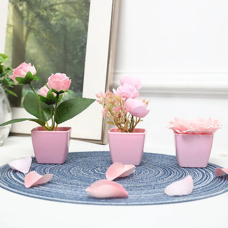 Three potted pink roses and greenery displayed on a blue textured mat.