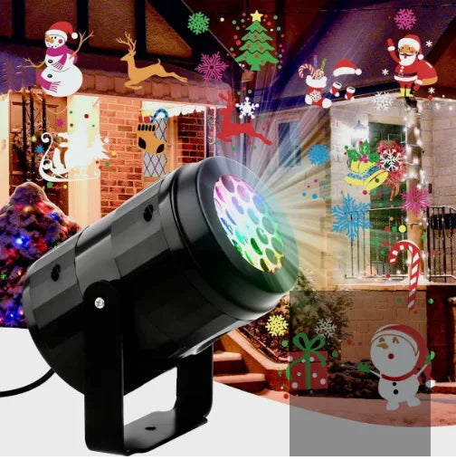 A black outdoor LED projector light is mounted, projecting festive Halloween and Christmas patterns onto a brick wall.