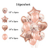 A set of 14 rose gold latex and foil balloons in various shapes including stars hearts and round balloons