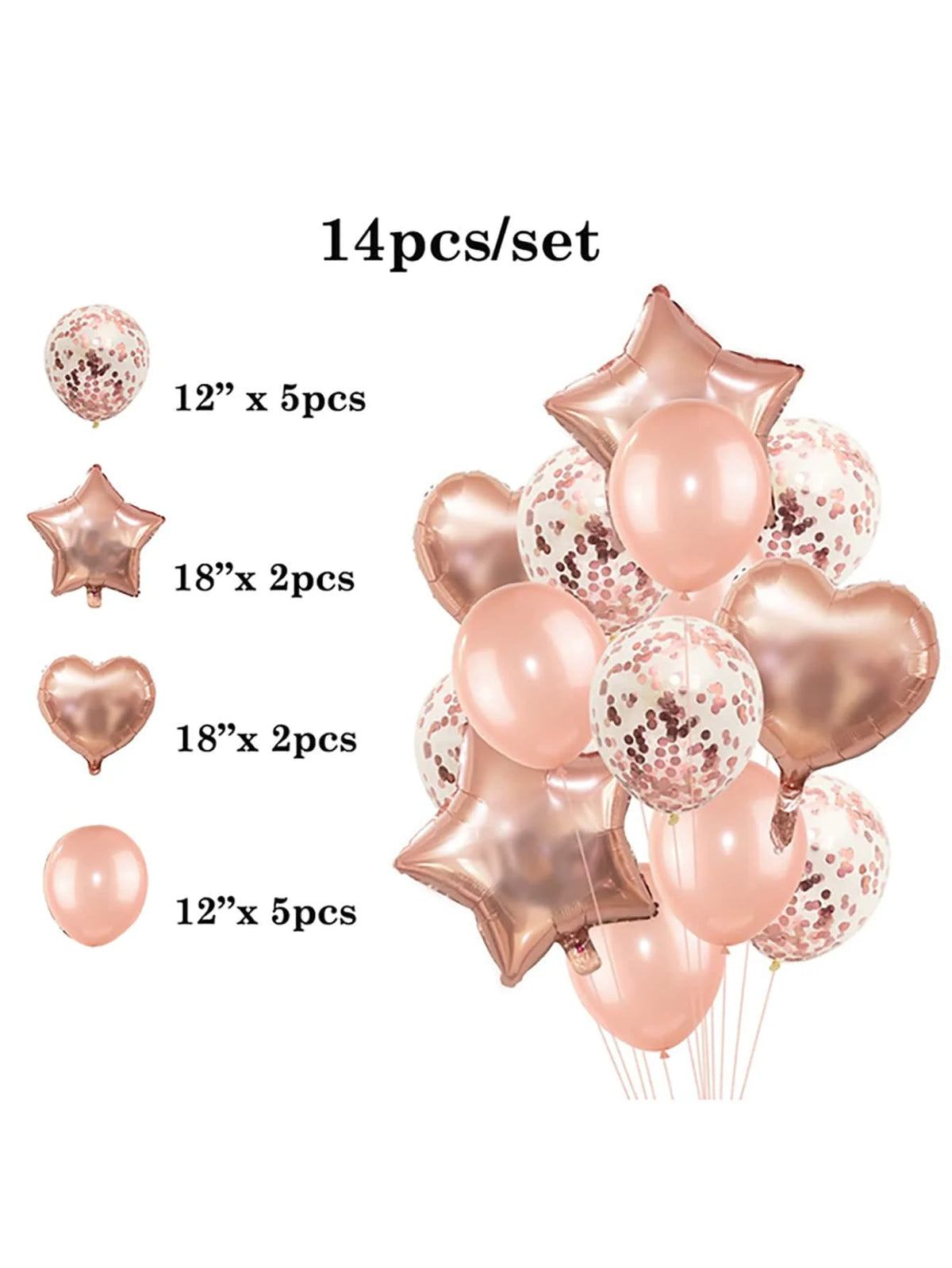 A set of 14 rose gold latex and foil balloons in various shapes including stars hearts and round balloons