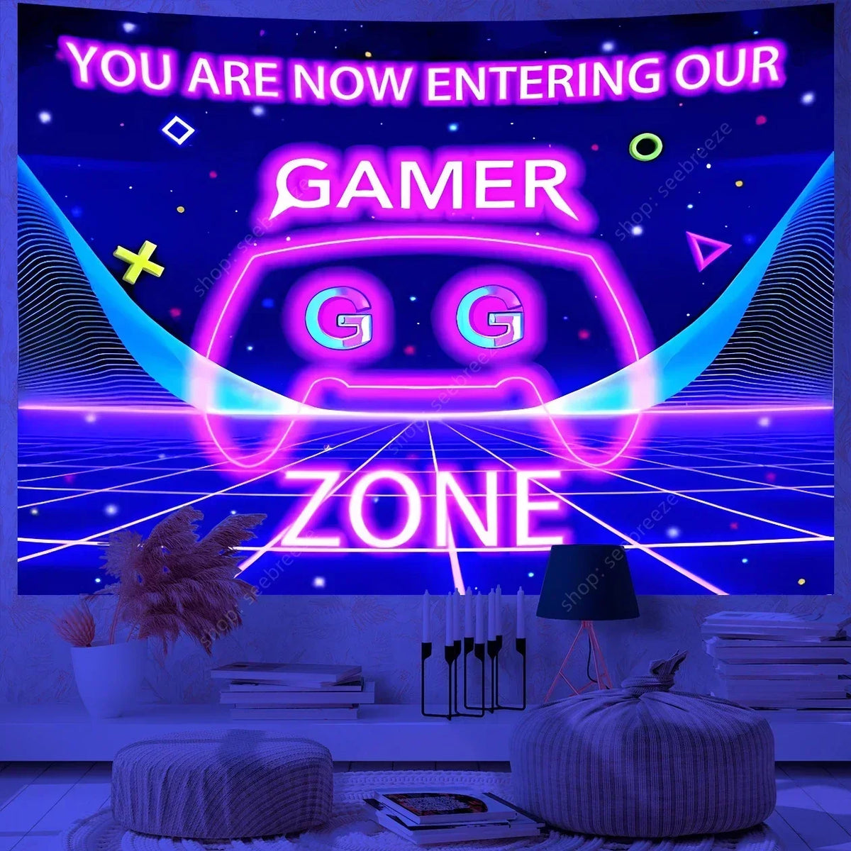 A vibrant neon sign featuring the word GAMER and a stylized controller icon on a dark blue background.