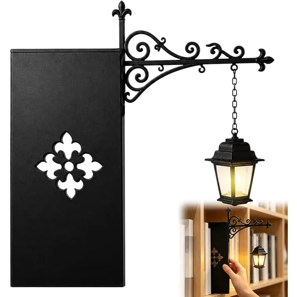Black vintage gothic reading lamp with an ornate wrought iron bracket and warm amber glow