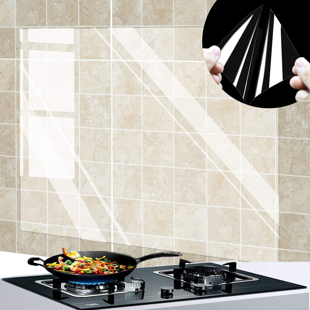 A close-up of a kitchen oil-proof wall sticker film being held, showing its layered design against a tiled background.