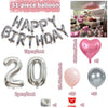 A set of silver and pink balloons, including a 51-piece balloon, number balloons, and glue.