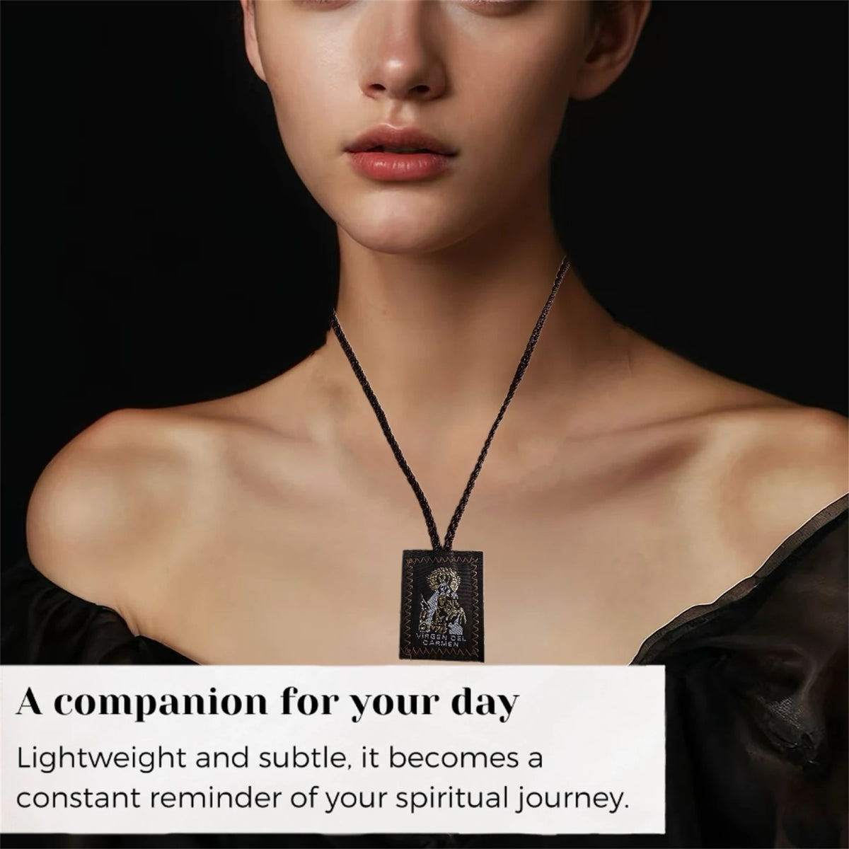 A woman wearing a black leather top displays a multi-symbol Catholic pendant necklace set.