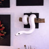 A white ball python sculpture is displayed on a white wall above a dark framed picture.