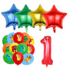 A set of five foil star-shaped balloons in blue, green, yellow, and red for a birthday party decoration.