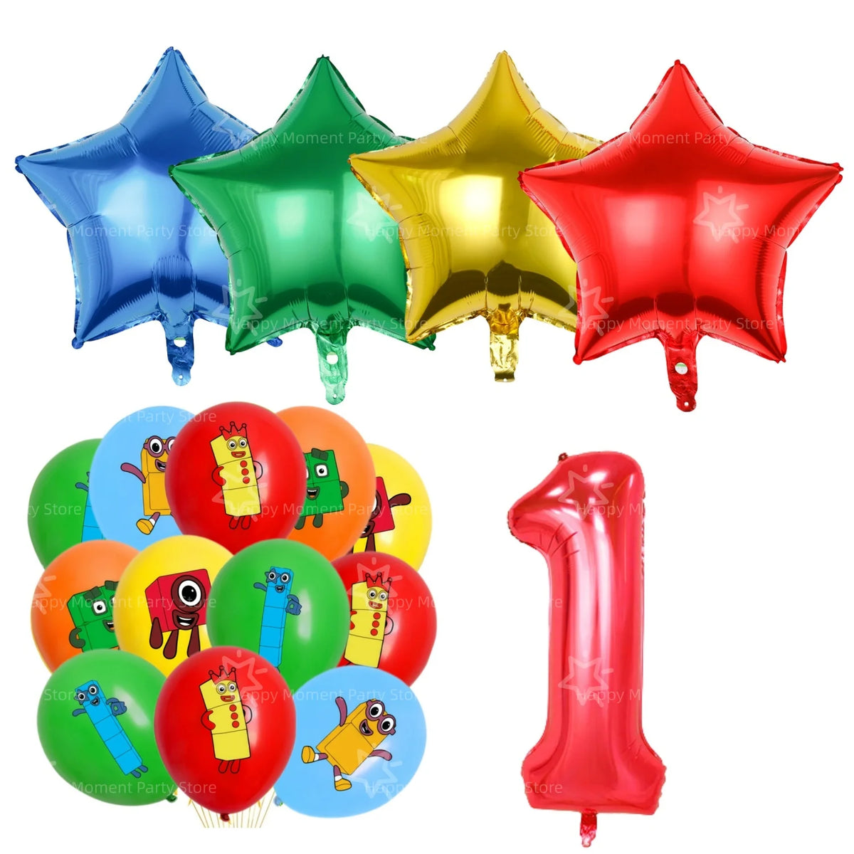 A set of five foil star-shaped balloons in blue, green, yellow, and red for a birthday party decoration.