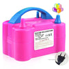 A pink electric balloon pump with a blue handle and colorful balloons.
