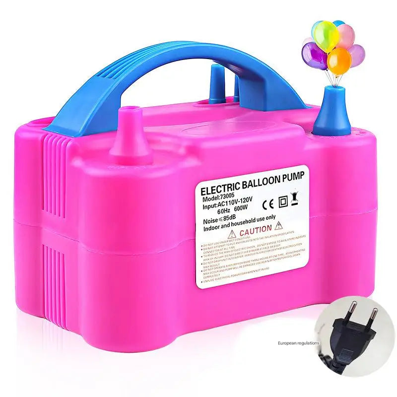 A pink electric balloon pump with a blue handle and colorful balloons.