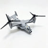 A gray V-22 Osprey tiltrotor model built from building blocks.