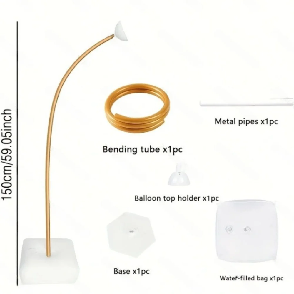Adjustable balloon arch kit showing a gold bending tube, base, and water-filled bag for events