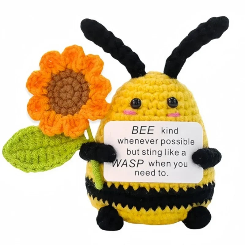 Handcrafted crochet bee animal doll with a positive message card