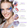 Instructions showing how to open, rotate, and apply a multi-use waterproof glitter stick for body, hair, or nails.