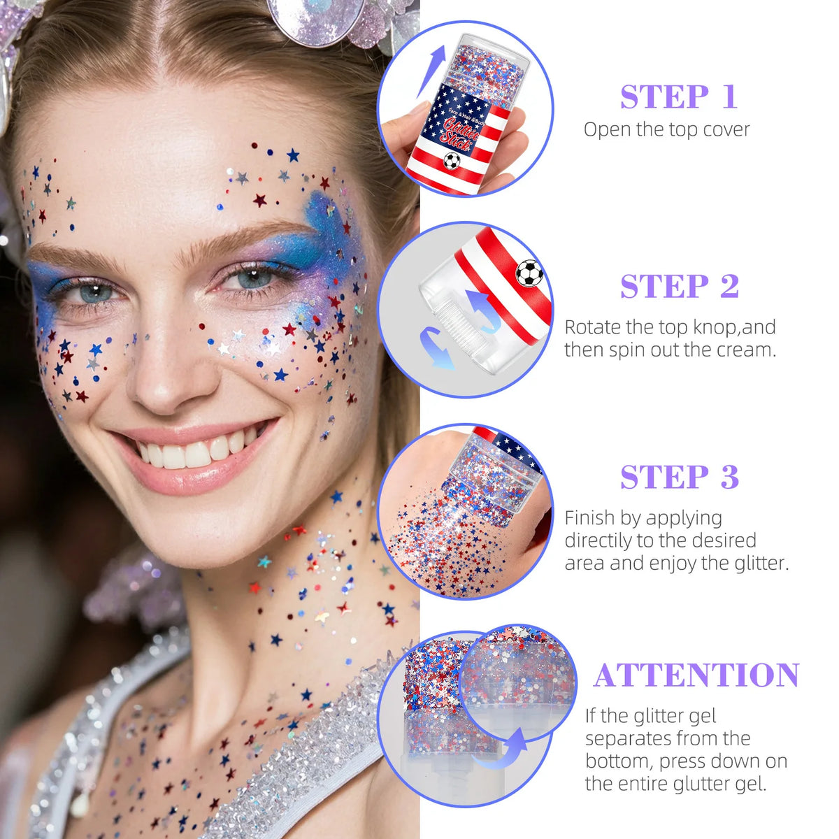 Instructions showing how to open, rotate, and apply a multi-use waterproof glitter stick for body, hair, or nails.