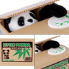 A panda plush toy is visible inside a cardboard box with a label for a little panda bamboo product.