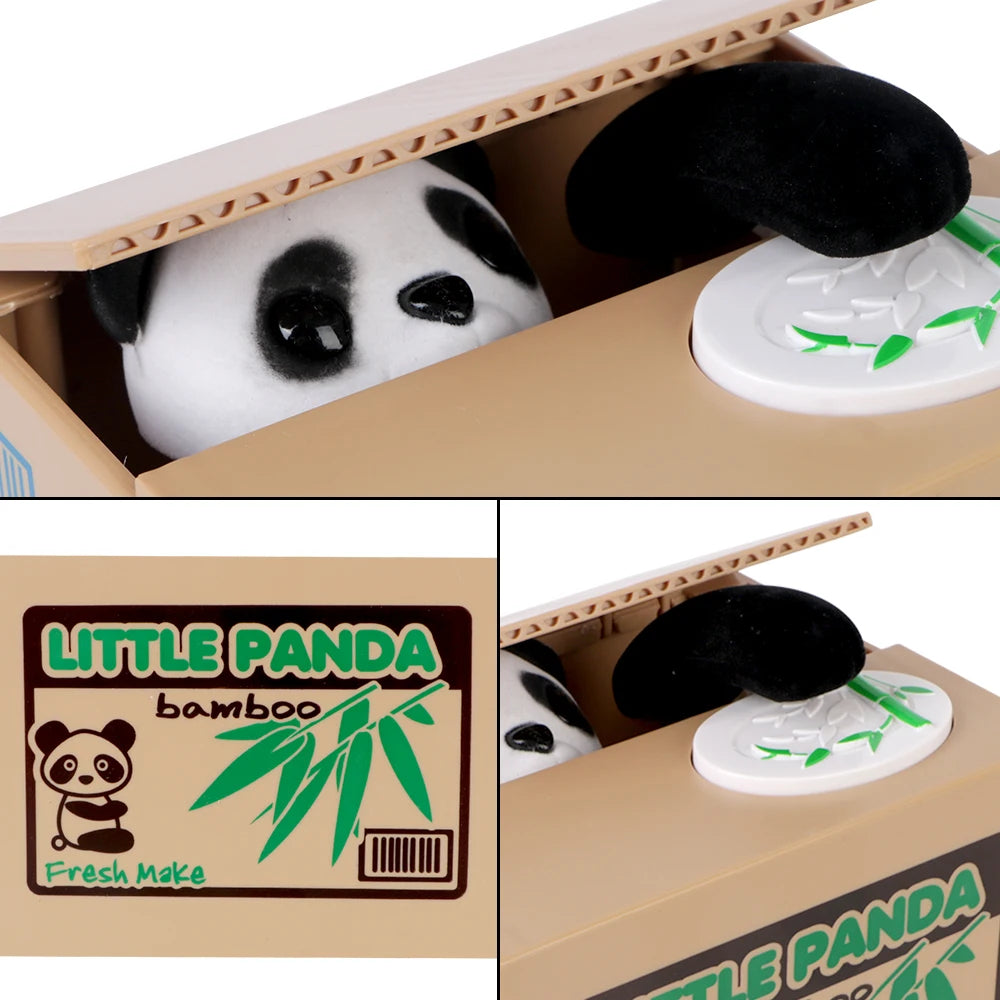 A panda plush toy is visible inside a cardboard box with a label for a little panda bamboo product.