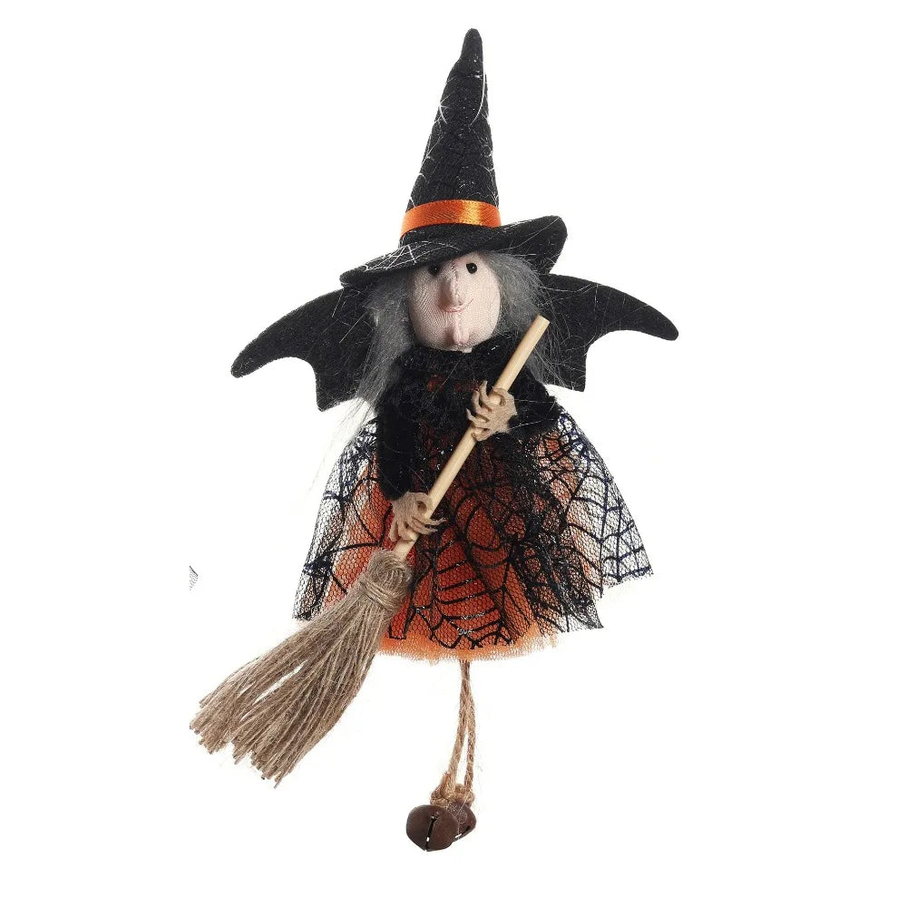 A scarecrow witch ornament featuring a black pointed hat, gray facial hair, and an orange dress with straw accents.