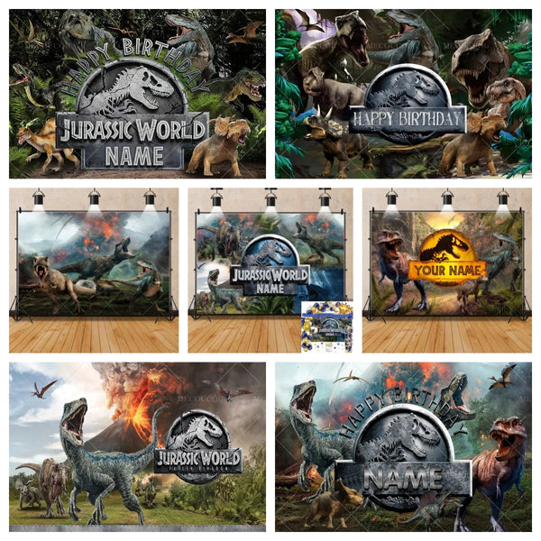 A collection of dinosaur themed birthday backdrop banners featuring various dinosaurs and text like Jurassic World Name and H