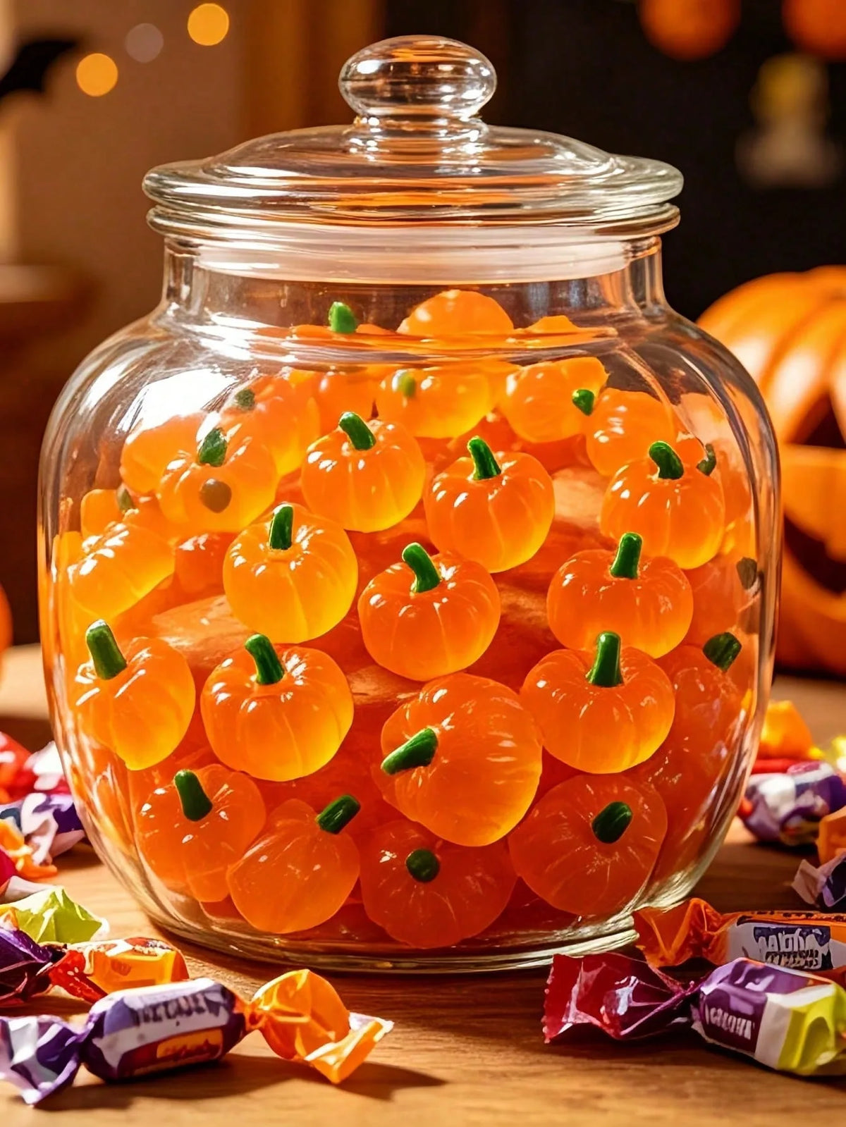 A clear glass jar filled with bright orange mini artificial pumpkins for fall decoration