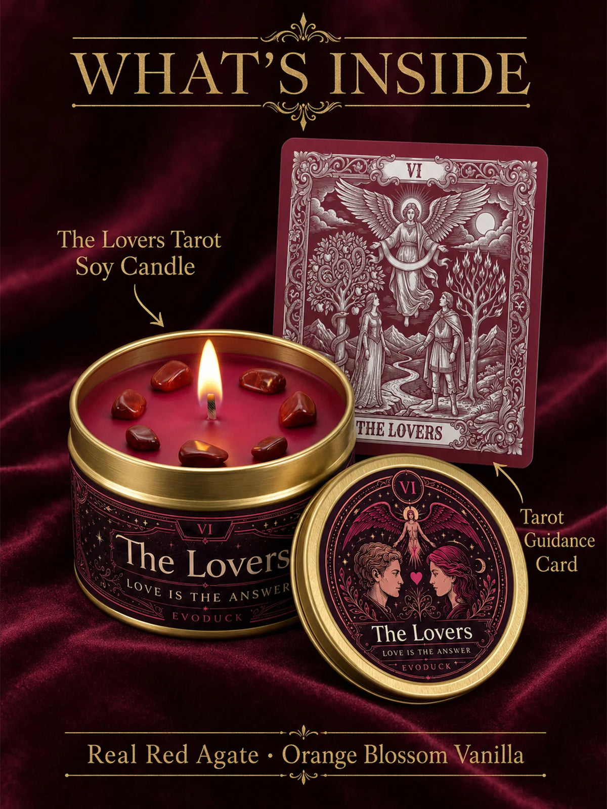 A candle in a gold tin labeled The Lovers Tarot Guidance Card with red wax and decorative elements.