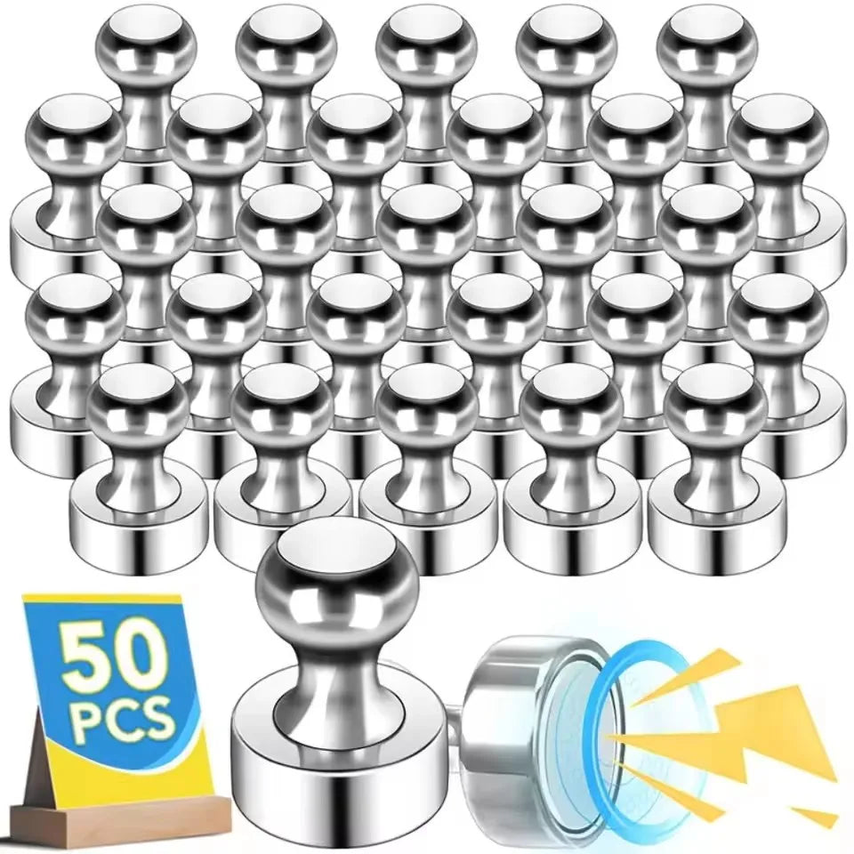 A set of 50 silver magnetic pushpins with round heads and flat bases shown in a close-up view.
