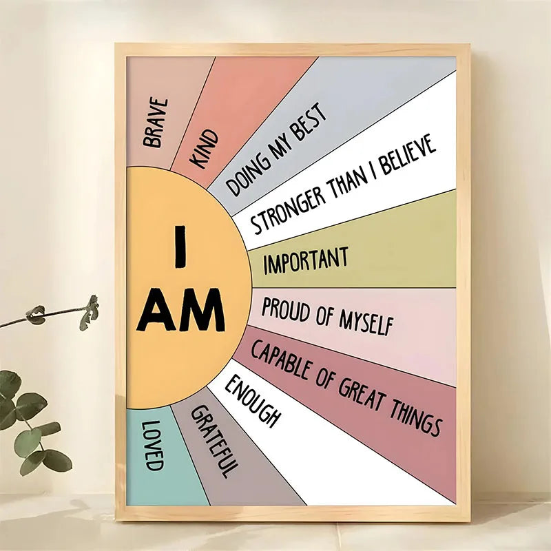 Inspirational quote canvas wall art featuring layered pink and beige stripes with words like Brave Kind Doing My Best Stronge