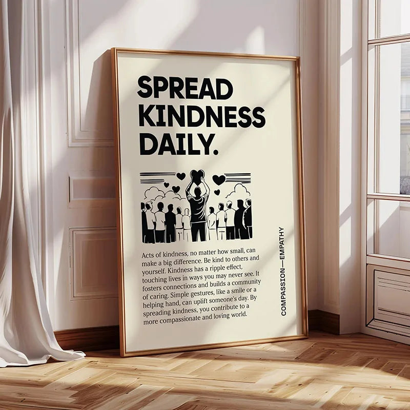 A framed canvas print with the text Spread Kindness Daily featuring illustrations of people showing kindness and compassion.