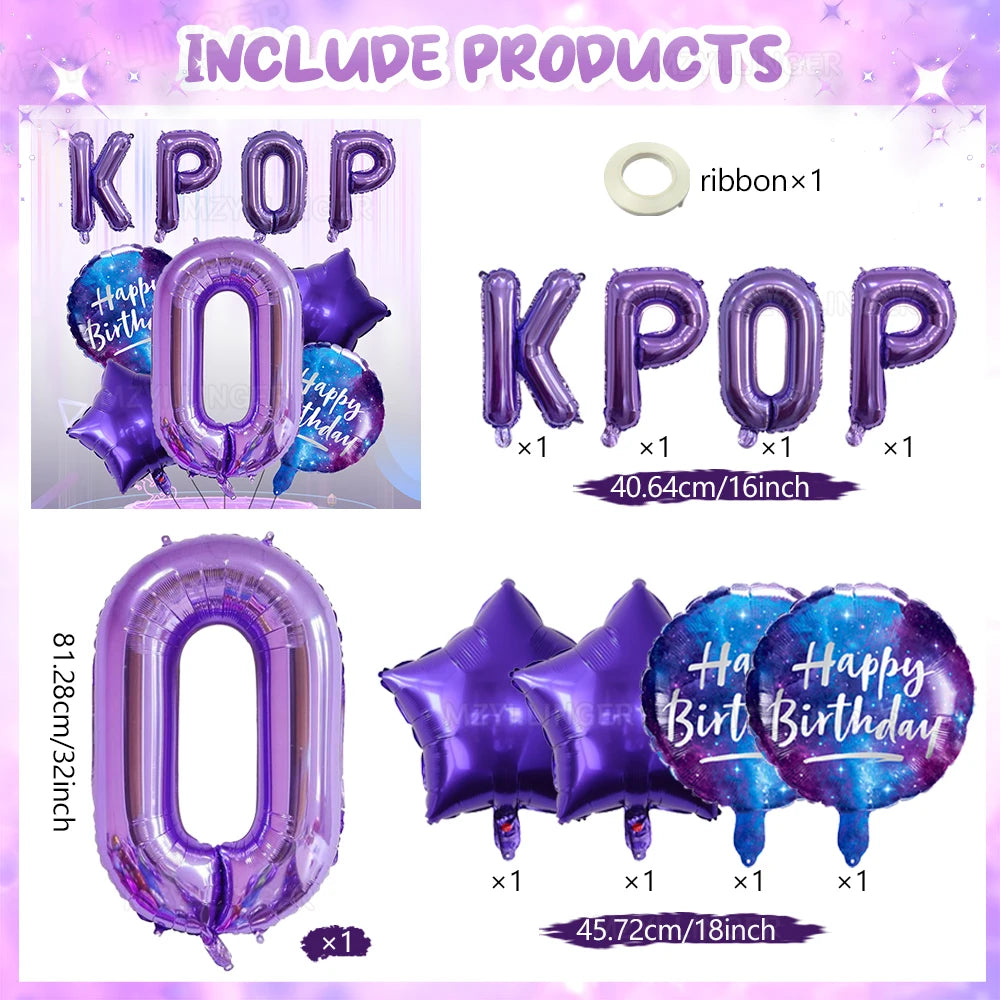 A set of purple foil number balloons spelling out KPOP and the number 0