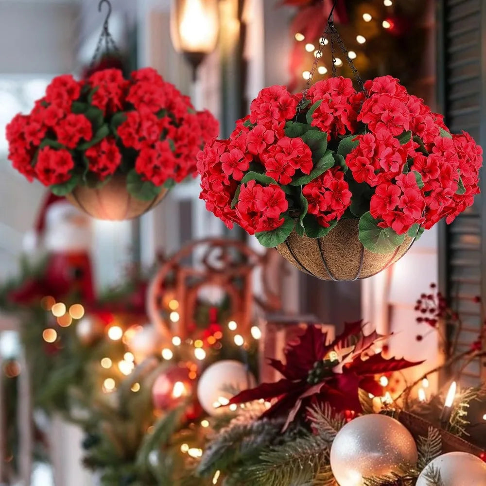 Un ramo de flores de geranio rojo de seda artificial en una maceta tejida, exhibido como decoración para el hogar.