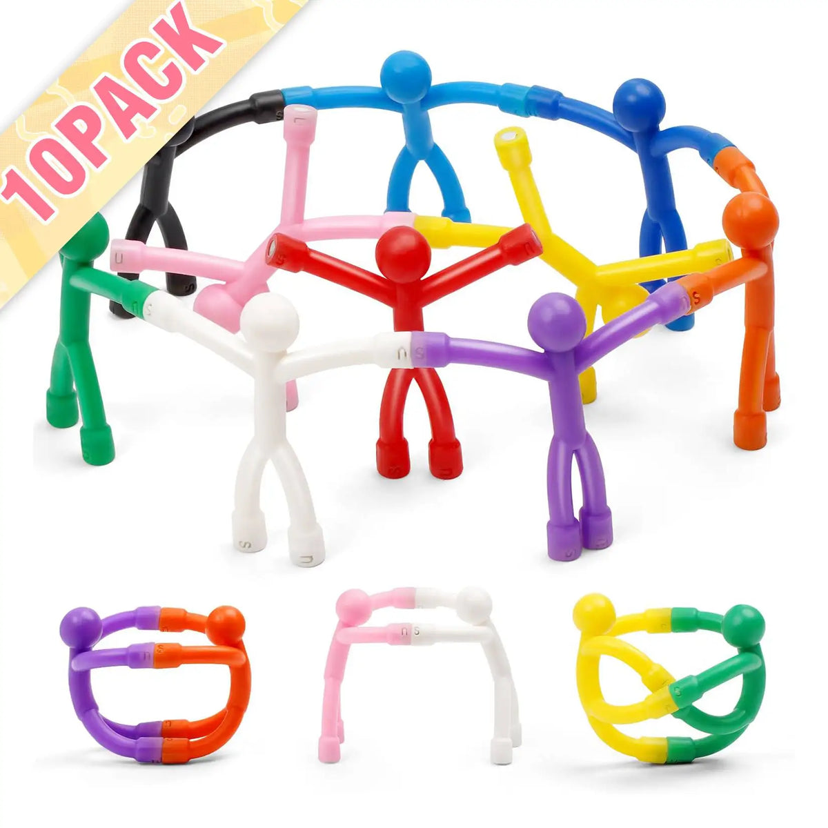 A set of ten colorful humanoid silicone fridge magnets for office and locker decor