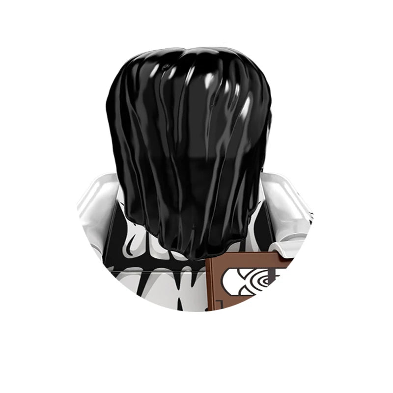A set of horror movie icon building blocks featuring a black, flowing hair design.