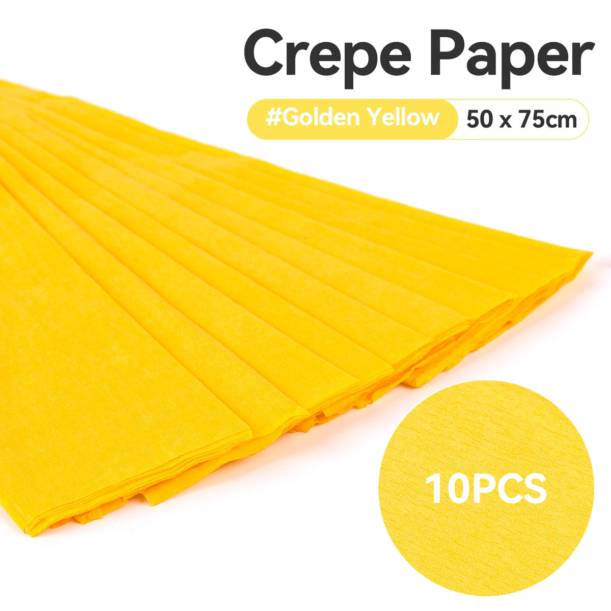 A stack of golden yellow crepe paper sheets, measuring 50 x 75cm, is shown in a close-up view.