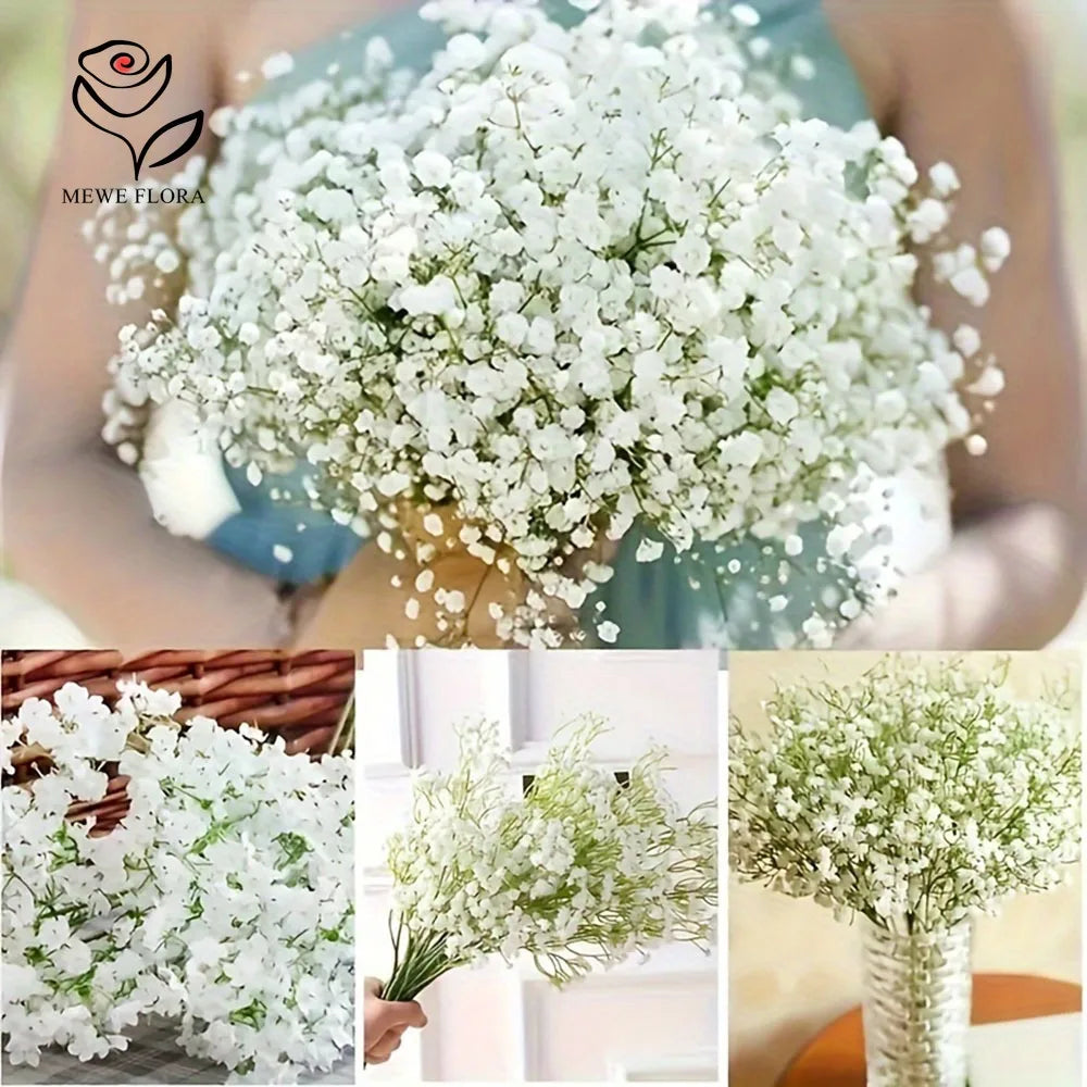A bouquet of white artificial baby's breath flowers in a glass vase.