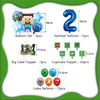 A collection of birthday party decorations including balloon sets, a number balloon, cake toppers, and latex balloons.