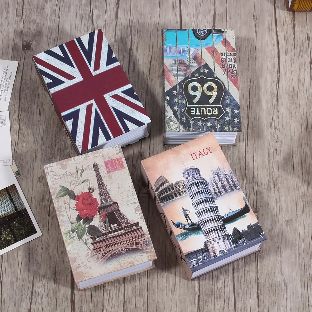 A collection of three books featuring British and Italian landmarks and a route map, displayed on a wooden surface.