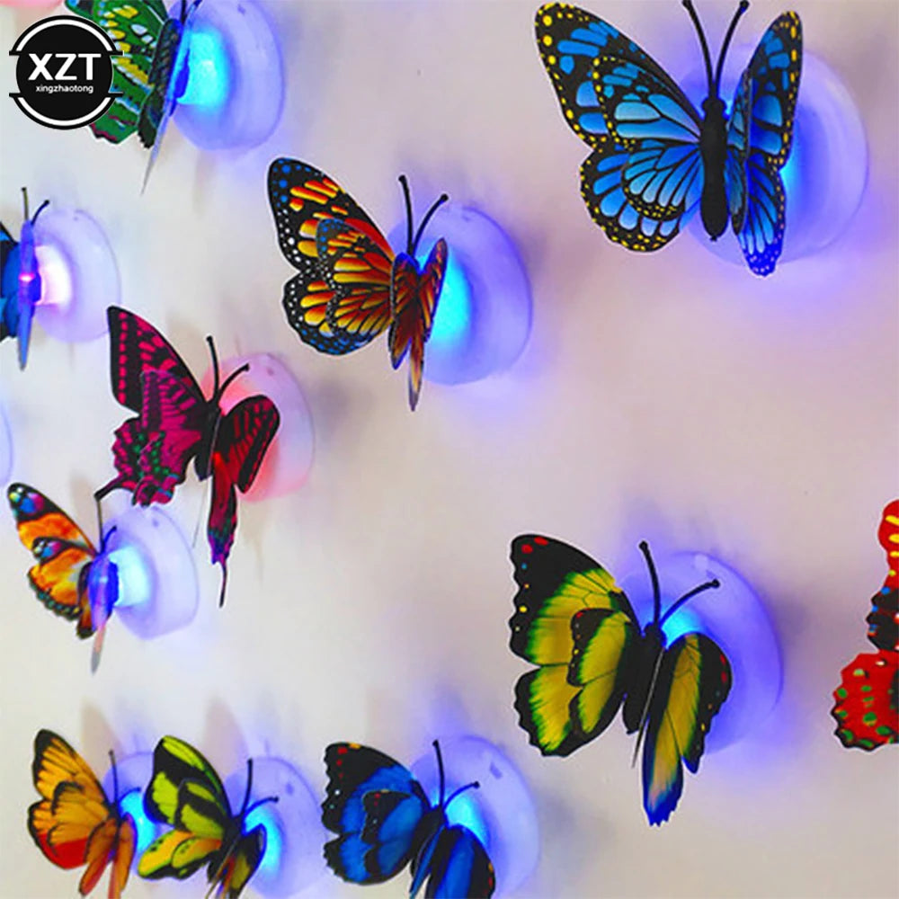 A collection of glowing 3D LED butterflies suspended in clear spherical night lights.