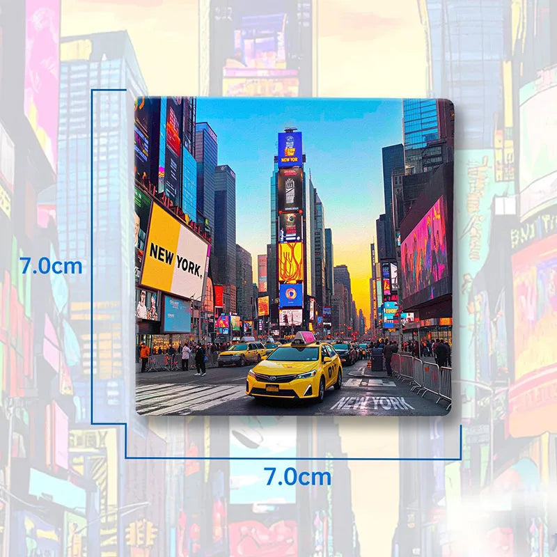 A rectangular magnet featuring a cityscape view of New York City with tall buildings and a yellow taxi on the street.