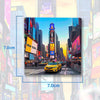 A rectangular magnet featuring a cityscape view of New York City with tall buildings and a yellow taxi on the street.