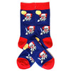 A pair of navy blue crew socks featuring repeating novelty prints of skulls, aliens, and tigers in red and white.