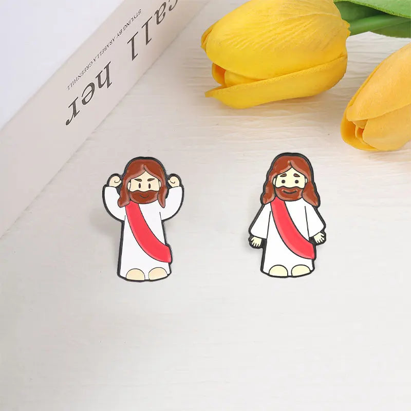 A line drawing enamel lapel pin depicting Jesus with a beard and a red sash.