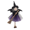 A scarecrow witch ornament featuring a black pointed hat, gray face, and purple tulle dress with straw accents.