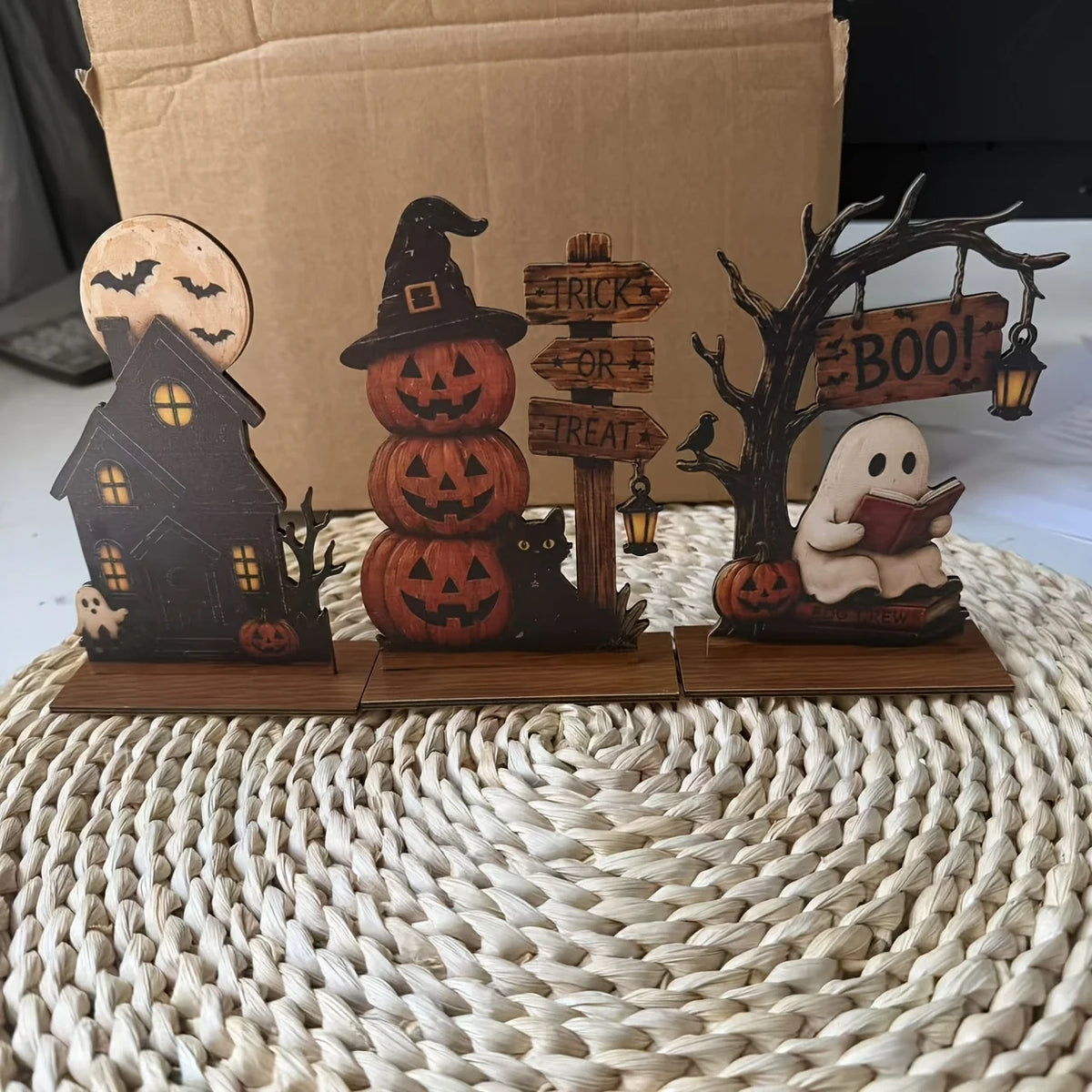 Halloween Spooky Decor Set – Ghost, Pumpkin & Black Cat Wooden Signs