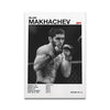 Schwarz-weißes Foto des Boxers Makhachev in Kampfhaltung, gedruckt auf Leinwand-Wandkunst.