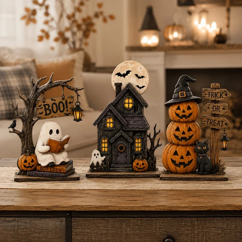 A set of retro Halloween wooden decor featuring a ghost, black cat, and pumpkin figurines displayed on a wooden surface.