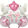 A set of pink and white foil balloons featuring cross and dove motifs for communion or baptism
