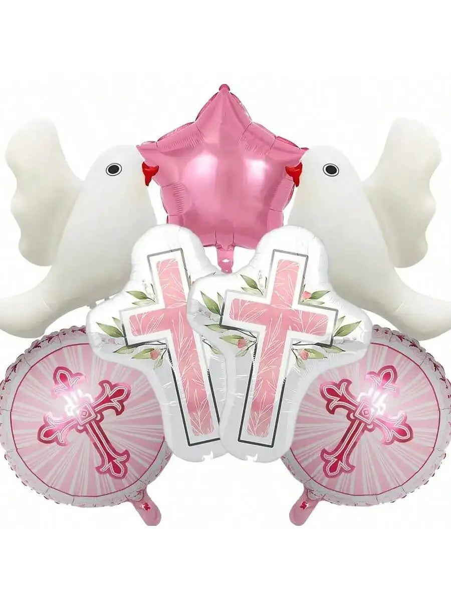 A set of pink and white foil balloons featuring cross and dove motifs for communion or baptism