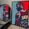 A framed canvas print of a basketball player in a red jersey with blue and white accents against a blue background.